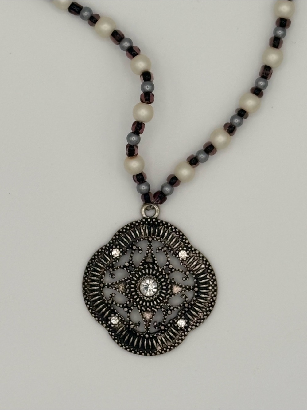 Silver Filigree Pendant Necklace with Pearl and Gray Beads